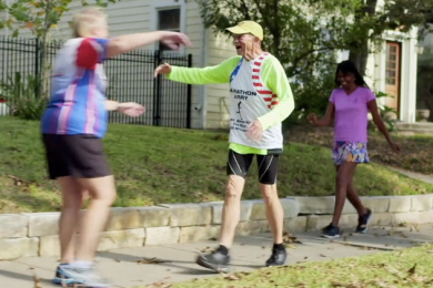 Larry's friends surprised him during his pre-marathon jog